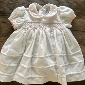 White Baby Smocked Dress with Pink Trim 6 months